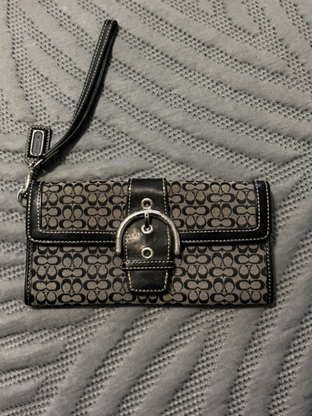 Coach Black and Gray Signature Canvas Wristlet with Buckle Accent